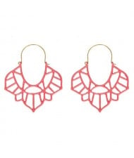 Hollow Geometric Floral Design Bold Fashion Resin Women Alloy Costume Earrings - Pink