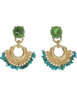 Bohemian Fashion Artificial Turquoise Beads Decorated Flower Design Fan-shape Hoop Women Alloy Earrings