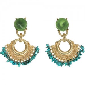 Bohemian Fashion Artificial Turquoise Beads Decorated Flower Design Fan-shape Hoop Women Alloy Earrings