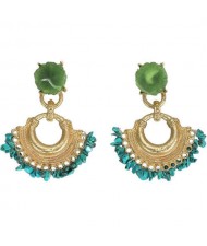 Bohemian Fashion Artificial Turquoise Beads Decorated Flower Design Fan-shape Hoop Women Alloy Earrings