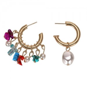Artificial Pearl and Stones Decorations Creative Asymmetric U.S. and European Fashion Women Alloy Earrings