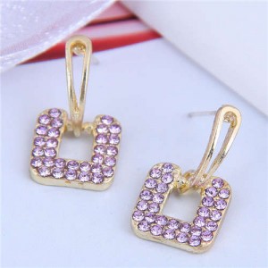 Rhinstone Embellished Square Shape Korean Fashion Women Stud Earrings - Violet