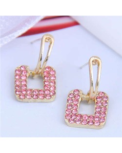 Rhinstone Embellished Square Shape Korean Fashion Women Stud Earrings - Pink