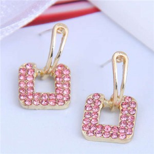 Rhinstone Embellished Square Shape Korean Fashion Women Stud Earrings - Pink