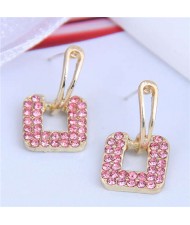 Rhinstone Embellished Square Shape Korean Fashion Women Stud Earrings - Pink