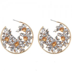 Rhinestone Embellished Splendid Round Design Floral Hoop Fashion Wholesale Women Alloy Earrings - Orange