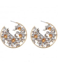 Rhinestone Embellished Splendid Round Design Floral Hoop Fashion Wholesale Women Alloy Earrings - Orange