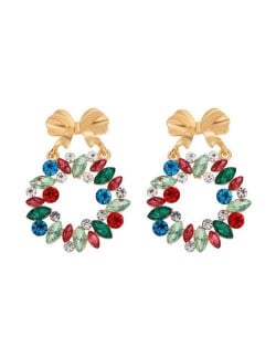 Golden Bowknot Decorated Flower Hoop Vintage Korean Fashion Women Stud Earrings - Multicolor