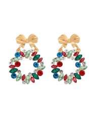 Golden Bowknot Decorated Flower Hoop Vintage Korean Fashion Women Stud Earrings - Multicolor