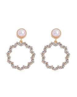 Rhinestone Round Hoop Pearl Korean Fashion Women Costume Earrings - White