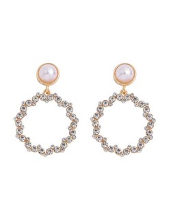 Rhinestone Round Hoop Pearl Korean Fashion Women Costume Earrings - White