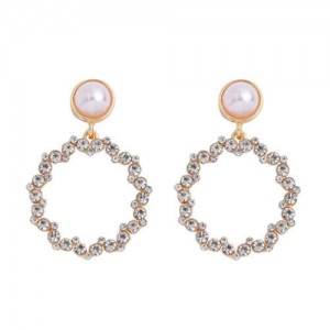 Rhinestone Round Hoop Pearl Korean Fashion Women Costume Earrings - White