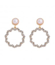 Rhinestone Round Hoop Pearl Korean Fashion Women Costume Earrings - White