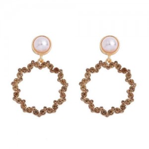 Rhinestone Round Hoop Pearl Korean Fashion Women Costume Earrings - Champagne