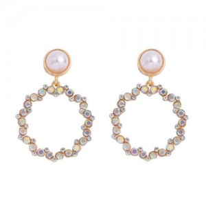 Rhinestone Round Hoop Pearl Korean Fashion Women Costume Earrings - Luminous Colorful