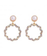 Rhinestone Round Hoop Pearl Korean Fashion Women Costume Earrings - Luminous Colorful