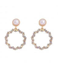 Rhinestone Round Hoop Pearl Korean Fashion Women Costume Earrings - Luminous Colorful