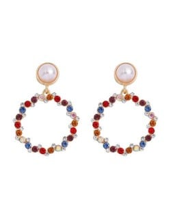 Rhinestone Round Hoop Pearl Korean Fashion Women Costume Earrings - Multicolor