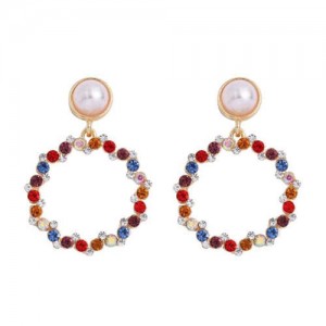 Rhinestone Round Hoop Pearl Korean Fashion Women Costume Earrings - Multicolor