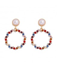 Rhinestone Round Hoop Pearl Korean Fashion Women Costume Earrings - Multicolor