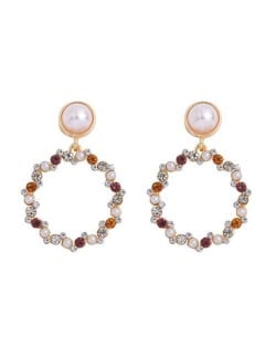 Rhinestone Round Hoop Pearl Korean Fashion Women Costume Earrings - Violet and Yellow