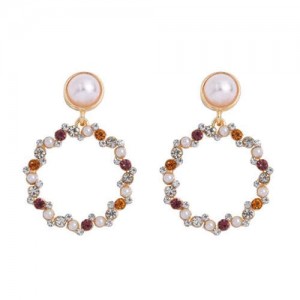 Rhinestone Round Hoop Pearl Korean Fashion Women Costume Earrings - Violet and Yellow