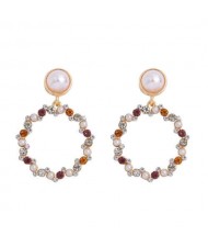 Rhinestone Round Hoop Pearl Korean Fashion Women Costume Earrings - Violet and Yellow