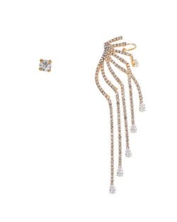 Rhinestone Embellished Angel Wing Design Asymmetric Style Alloy Women Fashion Earrings - Golden
