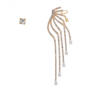 Rhinestone Embellished Angel Wing Design Asymmetric Style Alloy Women Fashion Earrings - Golden