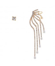 Rhinestone Embellished Angel Wing Design Asymmetric Style Alloy Women Fashion Earrings - Golden