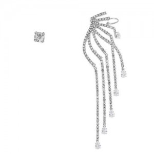 Rhinestone Embellished Angel Wing Design Asymmetric Style Alloy Women Fashion Earrings - Silver
