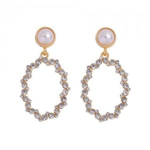 Oval Shape Rhinestone Hoop Design High Fashion Women Stud Earrings - White