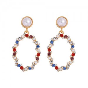 Oval Shape Rhinestone Hoop Design High Fashion Women Stud Earrings - Multicolor