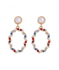 Oval Shape Rhinestone Hoop Design High Fashion Women Stud Earrings - Multicolor
