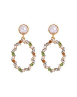 Oval Shape Rhinestone Hoop Design High Fashion Women Stud Earrings - Green and Yellow