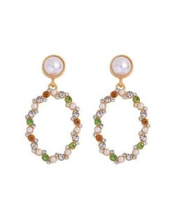 Oval Shape Rhinestone Hoop Design High Fashion Women Stud Earrings - Green and Yellow