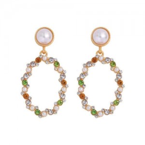 Oval Shape Rhinestone Hoop Design High Fashion Women Stud Earrings - Green and Yellow