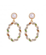 Oval Shape Rhinestone Hoop Design High Fashion Women Stud Earrings - Green and Yellow