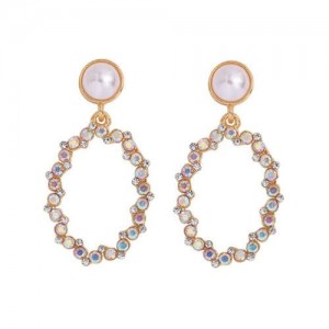 Oval Shape Rhinestone Hoop Design High Fashion Women Stud Earrings - Luminous Colorful