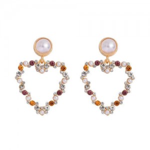Elegant Peach Heart Design Rhinestone Korean Fashion Women Alloy Wholesale Earrings - Purple and Yellow