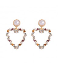 Elegant Peach Heart Design Rhinestone Korean Fashion Women Alloy Wholesale Earrings - Purple and Yellow