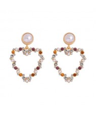 Elegant Peach Heart Design Rhinestone Korean Fashion Women Alloy Wholesale Earrings - Purple and Yellow