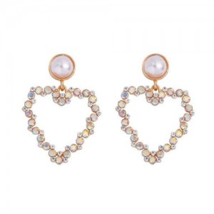 Elegant Peach Heart Design Rhinestone Korean Fashion Women Alloy Wholesale Earrings - Luminous White