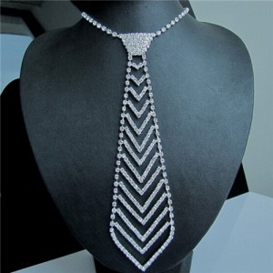 Rhinestone Embellished Unique Tie Design Bold Fashion Statement Necklace