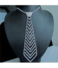Rhinestone Embellished Unique Tie Design Bold Fashion Statement Necklace