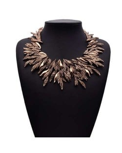 Rhinestone Embellished Leaves Vintage Fashion Women Bib Costume Necklace - Golden