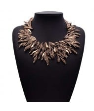 Rhinestone Embellished Leaves Vintage Fashion Women Bib Costume Necklace - Golden