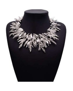 Rhinestone Embellished Leaves Vintage Fashion Women Bib Costume Necklace - Silver