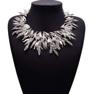 Rhinestone Embellished Leaves Vintage Fashion Women Bib Costume Necklace - Silver