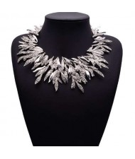Rhinestone Embellished Leaves Vintage Fashion Women Bib Costume Necklace - Silver